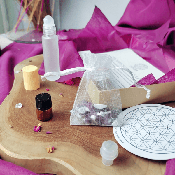 Kit DIY Roll-On Calme Intérieur avec pierres Améthyste et Howlite, huile essentielle de lavande. lithothérapie. Pierres naturelles.